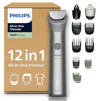 Philips Recortadora todo en uno de 12 en 1 Serie 5000 - Afeitadora y cortapelos hombre para rostro, cabeza y cuerpo, cuchillas de acero autoafilables, 20 longitudes, recargable, MG5952/30