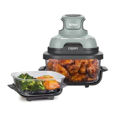 Ninja CRISPi Freidora de aire portátil, 3,8 l, 4 en 1, freír con aire, asar, mantener caliente y gratinar, compacta, incluye 2 recipientes de vidrio extraíbles y tapas, 1700 W, salvia, FN101EUSG