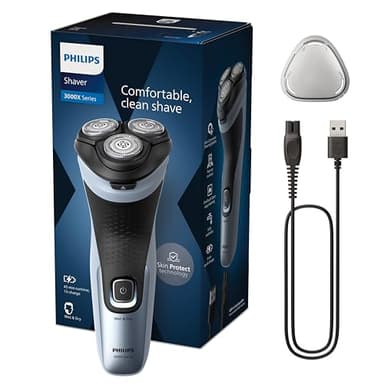 Philips Serie X3000 Afeitadora Eléctrica Hombre, Máquina de Afeitar Barba con Cortapatillas, 27 cuchillas, Cuida la piel, 45min de uso, En Seco y Húmedo, Recargable, X3053/00, Azul