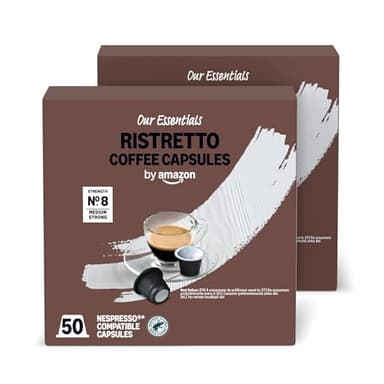 by Amazon Cápsulas de Café Ristretto de Plástico Compatibles con Nespresso, Tostado Medio, 100 Unidades (2 Paquetes de 50), Certificadas por Rainforest Alliance