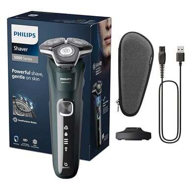 Philips Serie 5000 Afeitadora Eléctrica Hombre, Máquina de Afeitar Barba con Recortadora, 45 cuchillas, Cuida la piel, 60min de uso, En Seco y Húmedo, Recargable, Funda, Base Carga, S5884/35, Verde