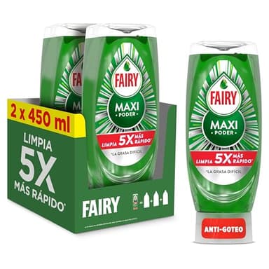 Fairy Maxi Poder Líquido Lavavajillas 2 x 450ml, Limpieza Fácil Y Sin Esfuerzo Incluso En Las Ollas Y Sartenes Más Grasientas