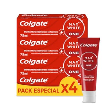 Colgate Max White One Pasta de Dientes Blanqueadora, Pack 4 Uds x 75ml, Dentífrico Blanqueador, Dientes 1 Tono Más Blancos en 1 Semana, Elimina Manchas Superficiales