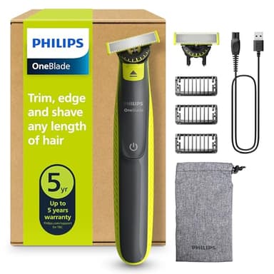 Philips OneBlade 360 Auténtico Recortadora y afeitadora eléctrica para barba, 2 cuchillas 360, 3 peines para barba incipiente (1,3,5 mm), QP2724/31