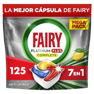 Fairy Platinum Plus Limón Cápsulas De Lavavajillas Todo En Uno, 125 Cápsulas, Nuestra Mejor Limpieza Que Deja Los Platos Como Nuevos, Elimina La Falta De Brillo Y Evita La Cal