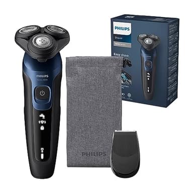 Philips Serie 5000 Afeitadora Eléctrica Hombre, Máquina de Afeitar Barba con recortadora, 27 cuchillas, Cabezal flexible 360º, 50min de uso, En Seco y Húmedo, Recargable, Funda, S5465/18, Azul Metal